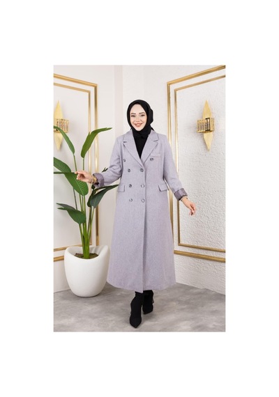 Hb Harma Time Butik Kadın Astarlı Düğmeli Cepli Uzun Gri Kaşe Kaban Açık Gri Açık Gri
