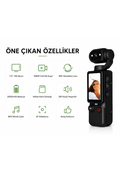 Blc Mini Wifi Vlog Kamera Akıllı Cep Kamerası 180 Dönebilen Lens 1080p Full Hd Kamera 1.9'' Ekran Mp3 Çalar 2000mah Batarya Taşınabilir Klipsli Mini Video Aksiyon Kamera