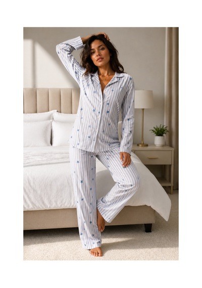 Fit Women Kadın Uzun Kol Pamuklu Mavi Pijama Takımı