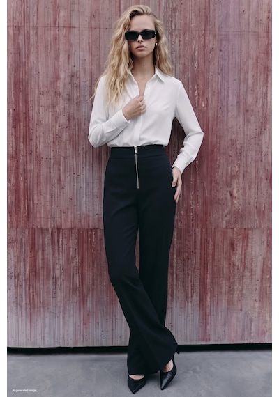 Sateen Fermuar Detaylı Pantolon - Siyah-138059