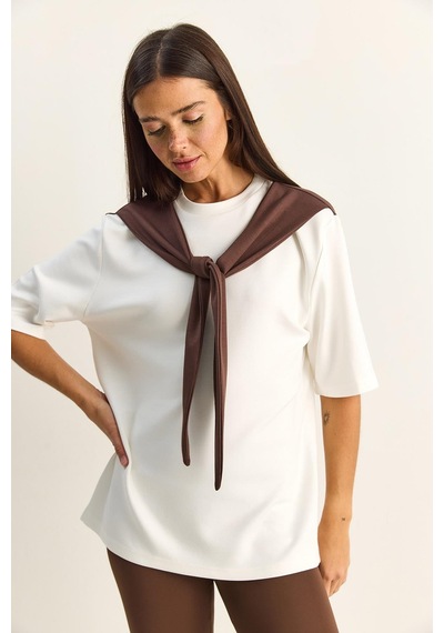 Shade Kadın Şal Detaylı Oversize Basic T-shirt 1094 60286118 - Beyaz-kahve Beyaz - Kahverengi