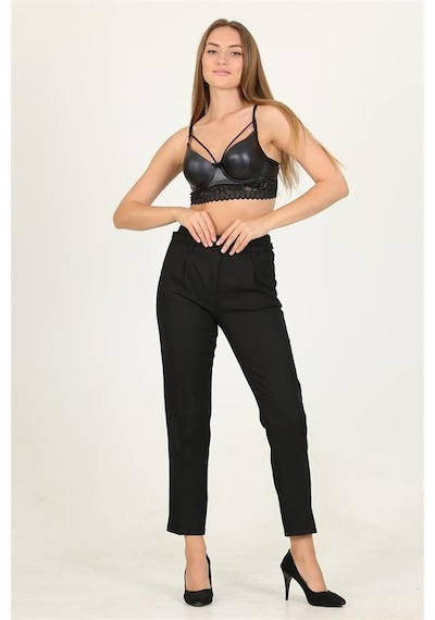 Neşeli Butik Kadın Siyah Kemerli Beli Lastikli Yeni Sezon Kumaş Pantolon Qns032 Siyah