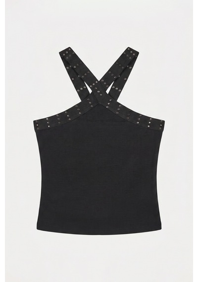 it's basic Kadın Siyah S6-1 Crop Parlak Taş Detaylı Boyundan Askılı Tasarım Body