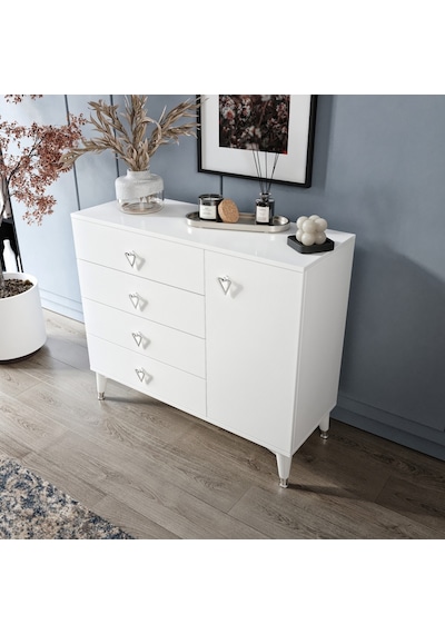 Simple 4 Çekmeceli 1 Kapaklı Modern Şifonyer Beyaz Gümüş Beyaz