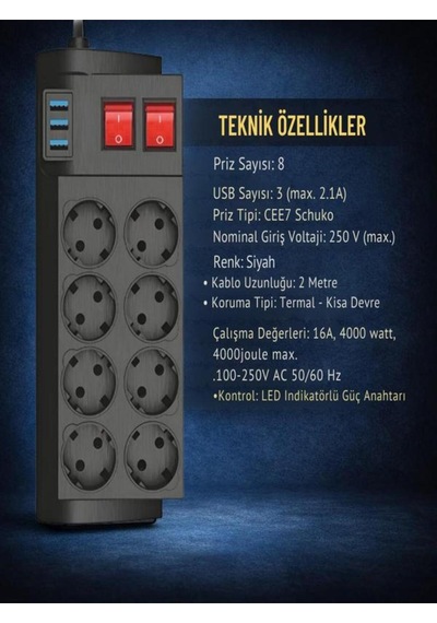 4000w, 16a, Akım Korumalı Priz 8xpriz, 3xusb, 2mt Kablo, Çoklayıcı Diğer