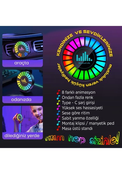 Upway Sese Duyarlı Şarjlı Animasyonlu Ritim Lambası - Çok Renkli Hediyelik Araç Aksesuarı