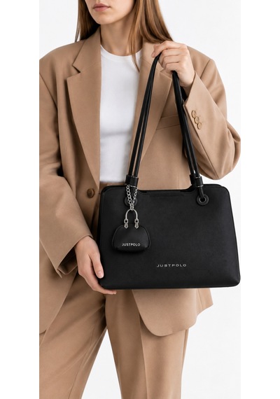 Just Polo Kadın Yeni Sezon Büyük Boy Aksesuar Detaylı Günlük Şık Kol Çantası Shopper Siyah