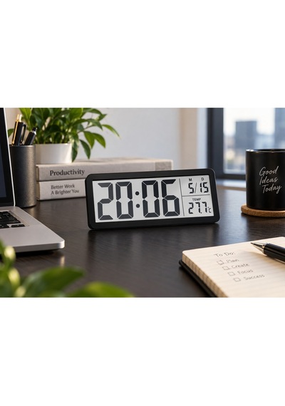 Kenly Dijital Masa Duvar Saati 20x8 Cm Büyük Lcd Ekran Tarih Sıcaklık Göstergeli Siyah