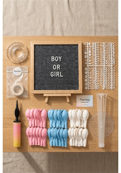 Gender Reveal Cinsiyet Partisi Süsleme Deluxe Set Kız Mı Erkek Mi Koyu Gri Keçe Yazı Panosu Standlı Pompa Balon Zincirli 7 Li Şeffaf Balon Standlı Tüm Yaşlar