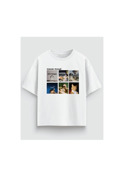 Yolo Street Meow Mood Kedi Grafik Baskılı Oversize Tişört %100 Pamuk Unisex Streetwear Beyaz1
