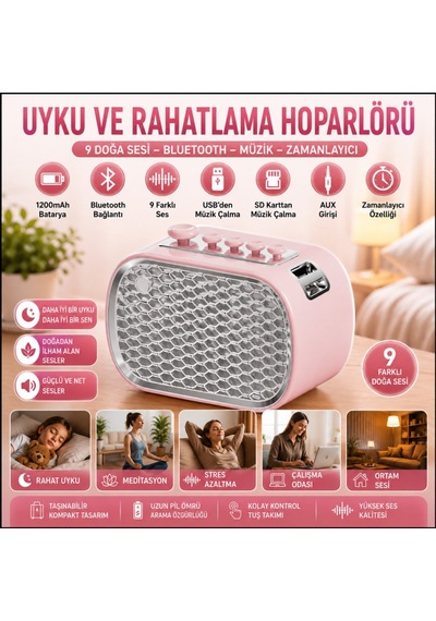 Polham 9 Sesli Uyku Hoparlörü Bluetooth 5.1v, 1200mah Taşınabilir Rahatlama Cihazı Zamanlayıcı, Usb Sd Kart Aux Pembe