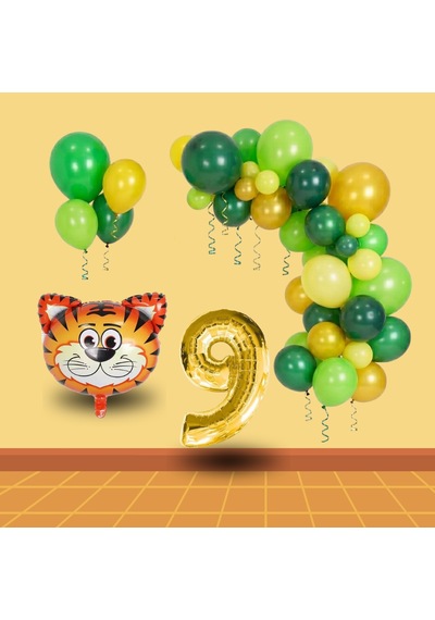 9 Yaş Safari Temalı Folyo Kaplan Yeşil Sarı Gold Balonlar Gold Rakam Doğum Günü Süsü Sarı - Yeşil