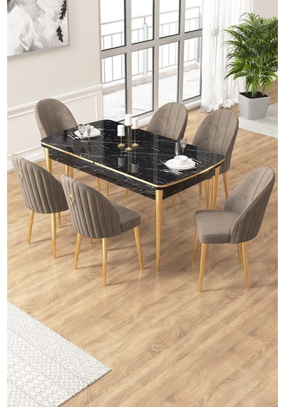 Canisa Edaf Serisi 80x132 Açılabilir Siyah Mermer Desen Mutfak Masa Takımı 6 Sandalye Gold Detay Masa Siyah Mermer Sandalye Capppucino Gold Ayak Canisa Edaf Serisi 80x132 Açılabilir Siyah Mermer Desen Mutfak Masa Takımı 6 Sandalye Gold Detay Masa Siyah Mermer Sandalye Capppucino Gold Ayak