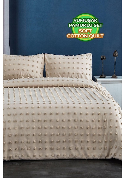 Evlen Home Pamuklu Emmy Yatak Örtüsü Seti Günlük Tek Kişilik Boho 2 Parça Dolgulu Tufting Bej Bej