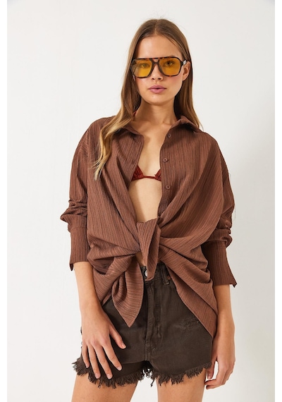 Shade Kadın Düşük Omuz Oversize Basic Bürümcük Gömlek 60392 60271069 - Kahverengi