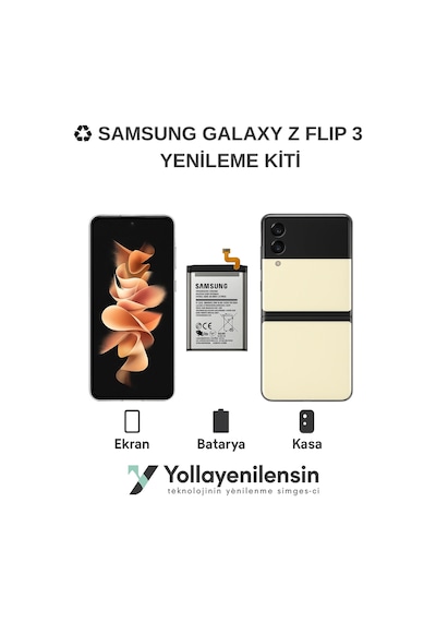 Samsung Galaxy Uyumlu Z Flip 3  Kiti Ekran + Batarya + Arka Kasa e Eş Değer Kalite Parç