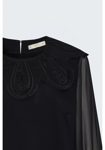 Sateen Yaka Detaylı Bluz - Siyah-137965