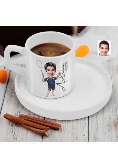 Bk Gift Kişiye Özel Sunum Tabaklı Erkek Badminton Karikatürlü Kahve Fincanı-1, Sevgiliye Hediye, Aileye Hediye, Arkadaşa Hediye Beyaz