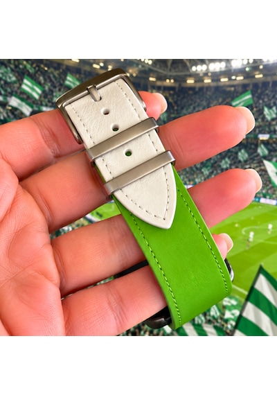 Goldoni Apple Watch Uyumlu Yeşil Beyaz İnce Hakiki Deri Taraftar Kordonu Metal Köprülü