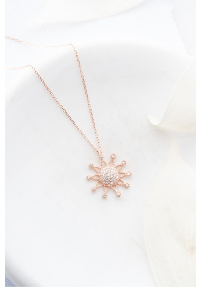Nereze 925 Ayar Gümüş Rose Zirkon Taşlı Güneş Model Kolye