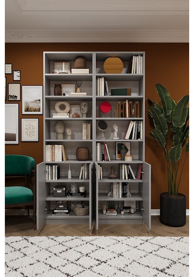 Asra Trend K-41 %100 MDF 120 cm 2 Modüllü Kapaklı Kitaplık Raflı Kütüphane Kül Gri