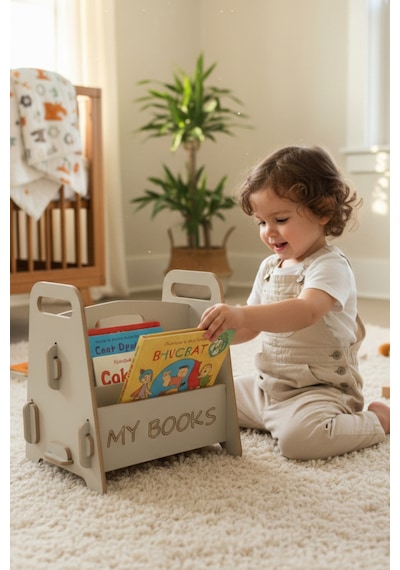 Montessori Ahşap Çocuk Kitaplığı Gri Eğitici Ve Dekoratif Tasarım - Kitaplık Beyaz