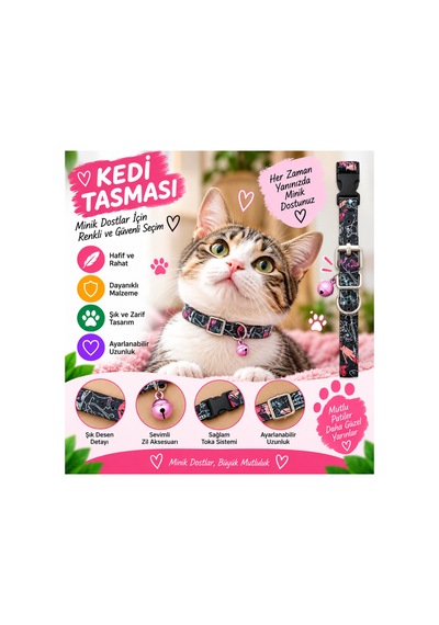 Kedi Tasması Siyah Pembe Soyut Desenli Zilli Ayarlanabilir Klipsli Kedi Boyun Tasması