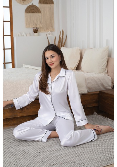 Nbb Kadın Beyaz Saten Pijama Takımı Beyaz