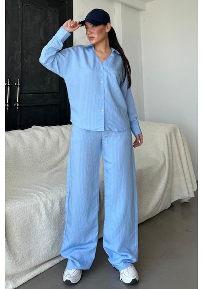 Madmext Mavi Uzun Kollu Çizgili Gömlek Pantolon İkili Takım Mg2329 Mavi