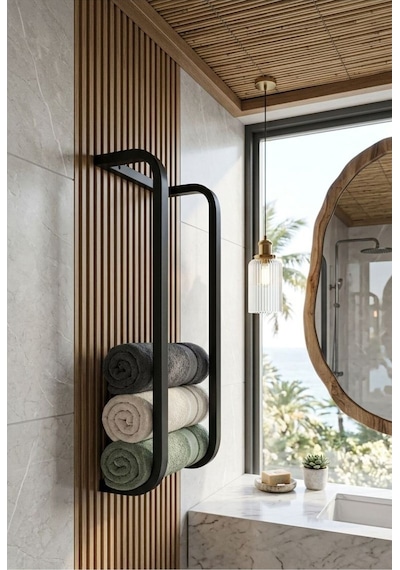 Banyo Havlu Rafı, Metal Büyük Havluluk, Vidalı Duvar Tipi Banyo Düzenleyici Siyah