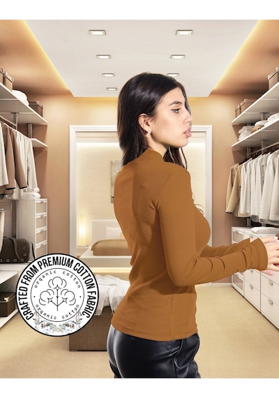 Alya Underwear Kaşkorse Yarım Boğaz Body Sweatshirt, Fitilli Kumaş, Likralı, Bordo Kahverengi