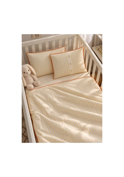 H&c Bebek Nevresim Takımı Keten Dokulu 4 Parça Biyeli Çizgili Beşik 100x150 CM Nevresim Seti Çarşaf Sarı Krem Çizgili - Turuncu Biyeli