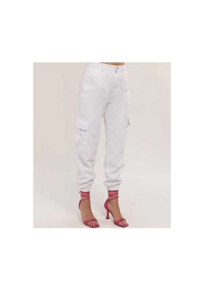 Kene Jeans Paça Lastik Kargo Cep Keten Mom Pantolon Beyaz