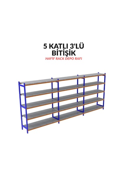 5 Katlı 3'lü Depo Rafı - 300-350 Kg Taşıma Kapasiteli Hafif Rack Raf 50x150x200 Cm Galvaniz