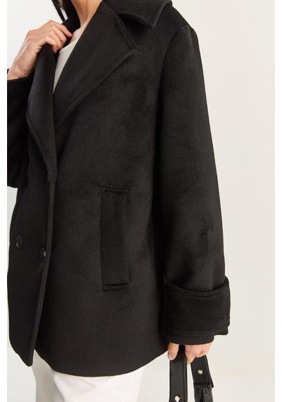 Shade Kadın Kruvaze Yaka Astarlı Kısa Oversize Kaşe Kaban 3508 60283850 - Siyah