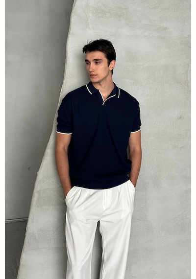 Erkek Oversize Selanik Polo Yaka Triko T-shirt Lacivert