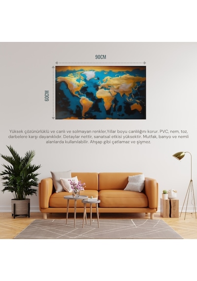 Dünya Harita Tablosu 06 Çerçevesiz 90x60cm Pvc Tablo