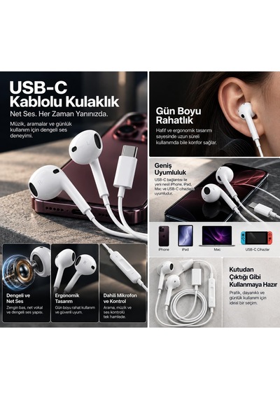 Type-c Kablolu Kulak İçi Kulaklık Mikrofonlu, İphone Ve Android Uyumlu