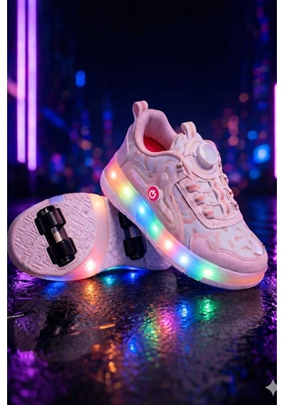 Elit Eyl034 Kız Çocuk Rgb Led Işıklı Çıkarılabilir Tekerlekli Paten Ayakkabı Pudra
