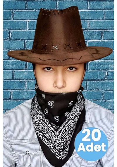 Uniquetrenders Çocuk Unisex Bandanalı 20'li Nubuk Kovboy Şapkası 8-14 Yaş Kahverengi 3