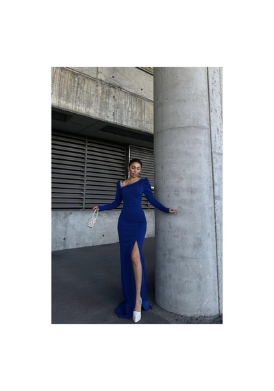 Lior Design Kadın Şık Model Kayık Yaka Taş Detaylı Uzun Kollu Abiye Elbise Saks