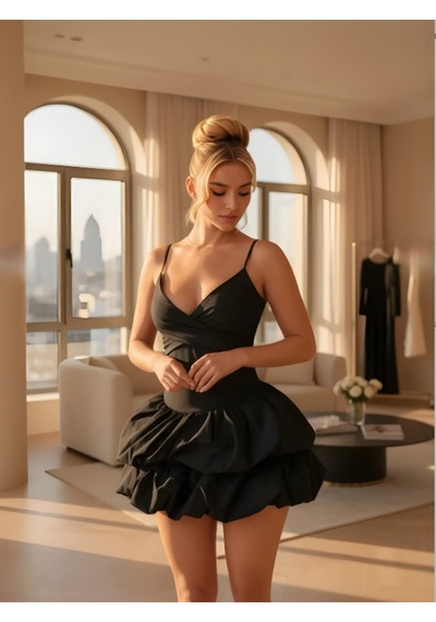 Kadın Balon Etekli Siyah Gece Elbisesi Siyah