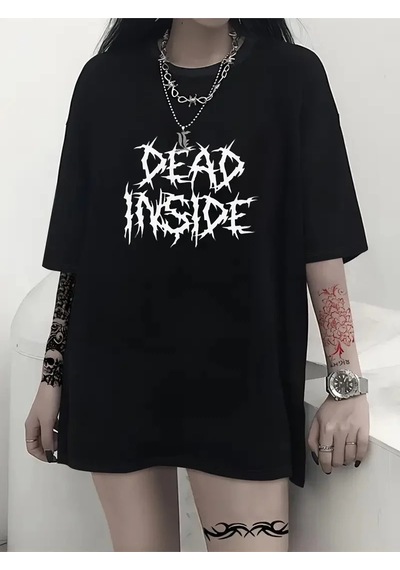 Kadın T-shirt Bisiklet Yaka Oversize Kısa Kollu Tişört - Siyah