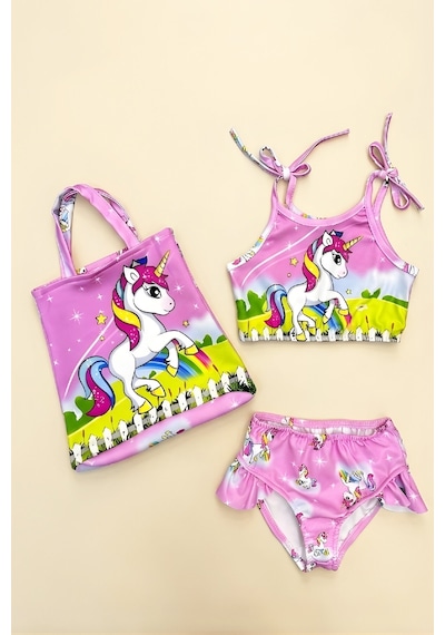 Modanino Kız Çocuk Çantalı 3'lü Mayo Takımı Çanta+mayo+bikini 3-10 Yaş 12586n Pembe