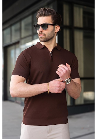 Madmext Kahverengi Yarım Fermuarlı Polo Yaka Triko Erkek Tişört E7459 Kahverengi