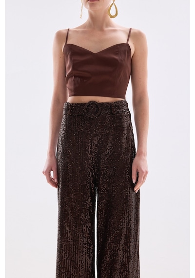 Sateen Kemerli Payet Pantolon - Kahve-136685 Kahve