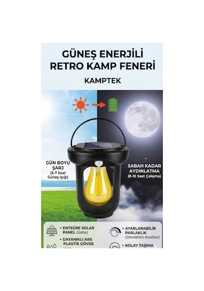 Kamptek Güneş Enerjili Solar Kamp Dış Mekan Bahçe Kapı Feneri - Askılı Nostaljik Filaman Led Kamp Lambası Siyah