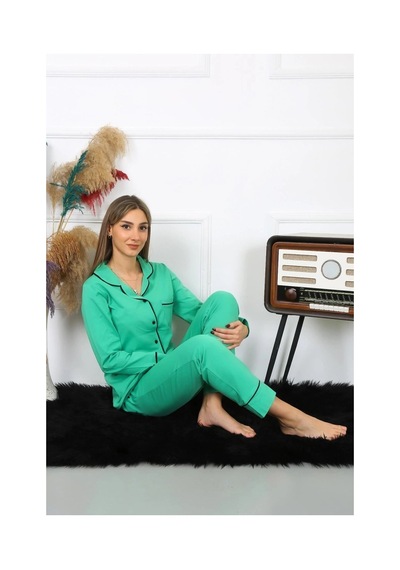 İkikareshop Kadın Pamuk Penye Önden Düğmeli Uzun Kol Yeşil Pijama Takım Çok Renkli