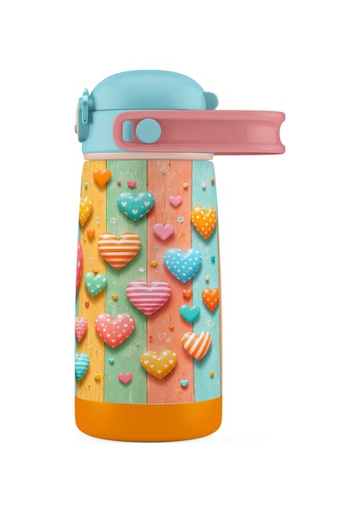 Puccon 420 Ml Kız Çocuklar İçin Paslanmaz Çelik Okul Matarası - 60014 - Kalp Desenli - Pastel Renkli Turkuaz - Pembe