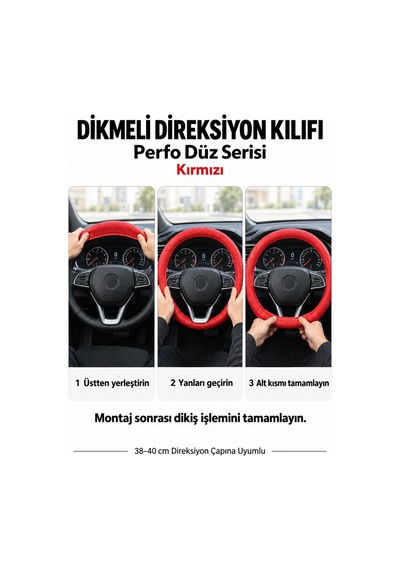 Trobus Volkswagen Taigo 2021-2025 Uyumlu Dikmeli Direksiyon Kılıfı Perfo Düz Delikli Deri Kırmızı